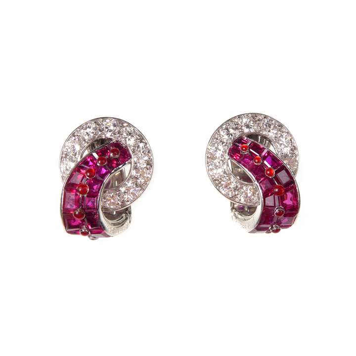 Pair of Art Deco ruby and diamond circle and loop earrings